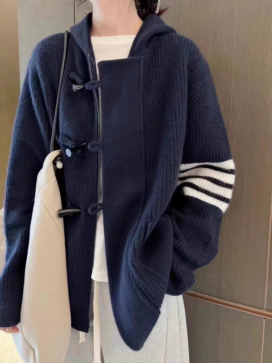 Wool Coat Peacoat - TB-Cardigan tricoté à capuche pour femme,
